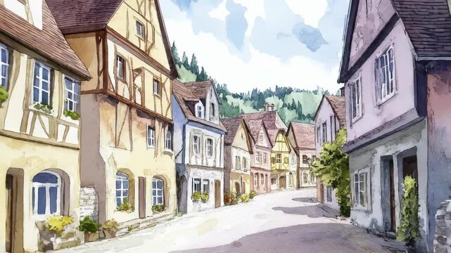 A vibrant European village street ascends, lined with colorful timbered dwellings, cheerful window boxes, and a traditional street lamp. Dynamic watercolor aquarelle captures tranquil ancient charm.