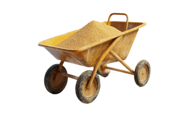 Detailed view of a professional wheelbarrow loaded with materials on a construction site