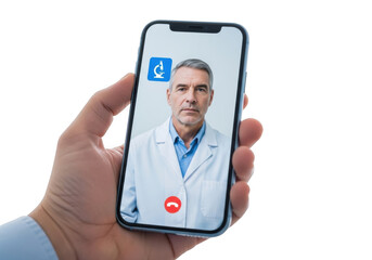 Hand holding smartphone with doctor on video call isolated on transparent background