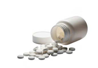 White pills spilling from an open container isolated on transparent background