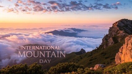 Mountain day, Sunrise mountain scene above clouds for International Mountain Day artwork.