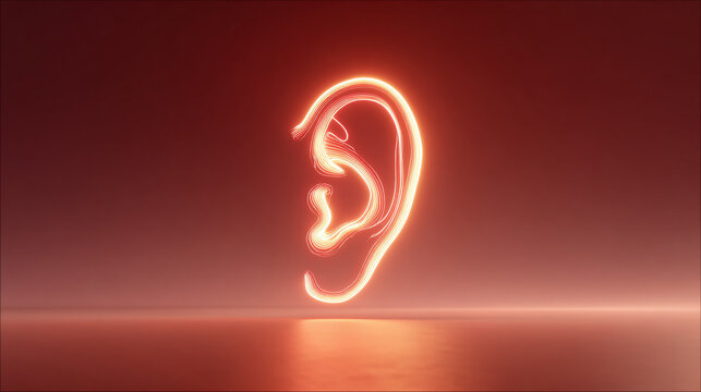 An illuminated ear silhouette on a red background, symbolizing sound or listening