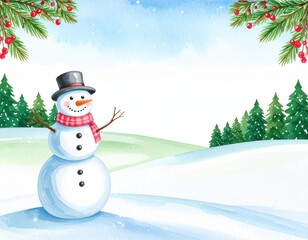 Obraz premium Snowman stands in snowy winter landscape with trees winter scene features snowman amidst snow covered trees