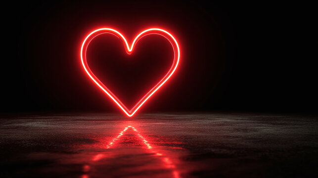 A vibrant neon heart glows against a dark background, casting a soft reflection below. This striking image symbolizes love, passion, and affection