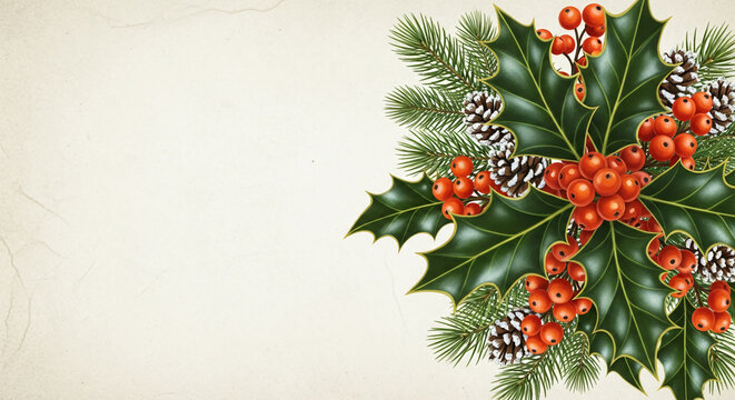 Composition of green holly leaves, red berries, and brown cone on light beige paper texture, Christmas symbol, represents holiday, winter season celebration - Powered by Adobe