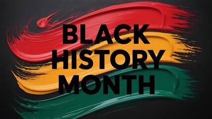 Black history month celebration graphic featuring bold red, gold, and green paint strokes against a dark background with black text overlay