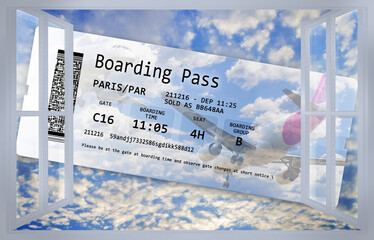 Open window against a blue sky with airplane flight ticket: dreaming of traveling concept image