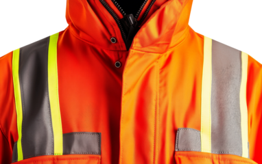 Orange safety vest displayed in a studio close up highlighting industrial use and durability