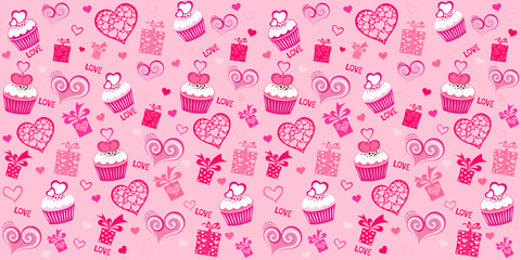 Seamless valentine pattern with cupcake, gift box and hearts. Design for wedding. February 14. Menu design. Template for a baking shop, cafe. Background for wallpaper, pattern fills, web page. Vector