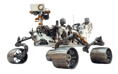 Mars robot captured in close up highlighting wheels, cameras, and scientific equipment