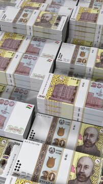 Tajikistan 200 Somoni Banknote Vertical Mobile 3D Animation ? Mobile Money Flow, Finance and Economy Concept, Banking and Currency Exchange Motion