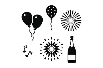  Collection of celebratory party elements in a graphic silhouette style