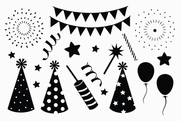 Collection of festive party elements in a charming black silhouette style