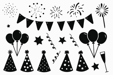 Obraz premium Collection of black party celebration silhouette elements for festive occasions silhouette