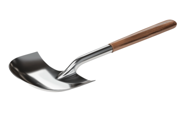 Metal shovel displayed in studio close up highlighting functionality and material quality