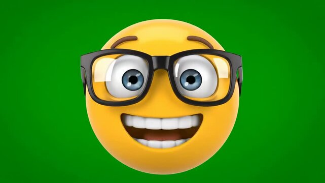 Smiling 3d emoji character with glasses and a joyful expression green screen background