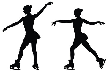 Two female figure skaters performing graceful poses on ice silhouette