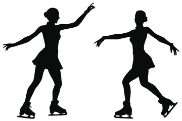 Two female figure skaters performing graceful moves on ice silhouette