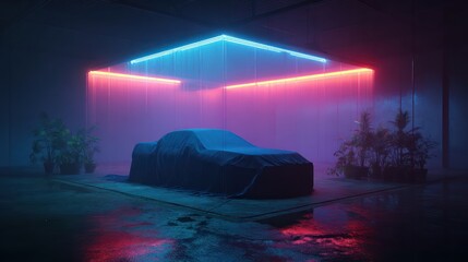 Mysterious Vehicle Unveiling Under Colorful Neon Lights