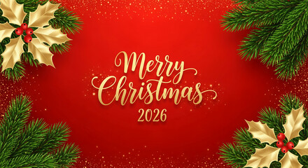 Red background with glitter and golden text "Merry Christmas 2026", fir branch and holly leaves, representing festive greetings and holiday spirit