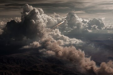 Weapon in Flight: Fire and Smoke Trail Over Rocky Ground