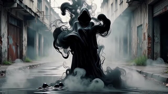 A female figure without a face in a hood, created from writhing liquid darkness and thick black smoke