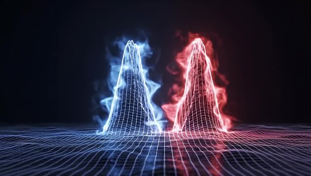 Abstract blue and red glowing conical energy forms rise from a digital grid