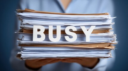 Overwhelmed Worker with 'Busy' Paperwork Stack