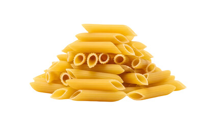 Pile of uncooked penne pasta against a solid black background