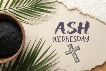 Ash Wednesday Theme With Palm Leaves, Ash Pot, And Cross Symbol On Paper Background
