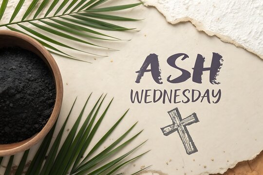 Ash Wednesday Theme With Palm Leaves, Ash Pot, And Cross Symbol On Paper Background


