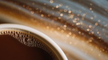 Tight macro of coffee bubbles along the mug rim, smooth liquid tones and natural shadows highlighting premium morning ritual vibes
