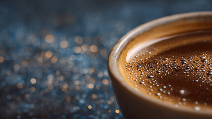 Tight macro of coffee bubbles along the mug rim, smooth liquid tones and natural shadows highlighting premium morning ritual vibes