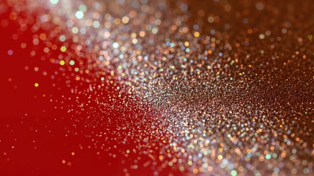 Sparkling gold glitter on a red background with bokeh lights. Abstract festive texture for Christmas, New Year, or party celebrations. Copy space for text