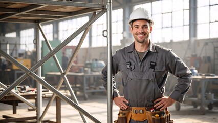 Confident construction worker smiling in a factory. Professional male builder in a hard hat and overalls at an industrial site