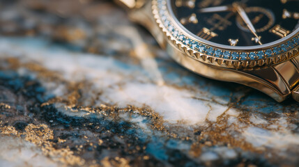 Macro shot of watch bezel, engraved details, and metallic textures contrasted against cool marble veins, timeless luxury concept