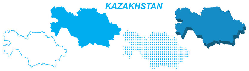 Kazakhstan Map Vector Set, Central Asia Outline Silhouette Dotted 3D Solid Shapes, Kazakhstan Country Infographic Template, Editable EPS Kazakhstan Geography