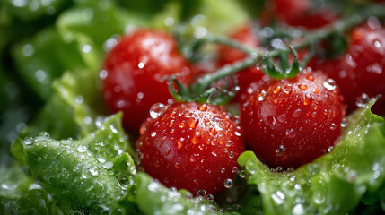 Macro shot of cherry tomatoes glistening with moisture beside crisp lettuce leaves, detailed textures emphasizing freshness