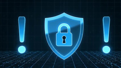 Glowing blue digital shield with padlock icon symbolizes cybersecurity protection and warning - Powered by Adobe
