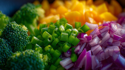 Close-up of finely chopped vegetables arranged aesthetically, soft shadows and vibrant tones highlighting modern clean-eating visuals