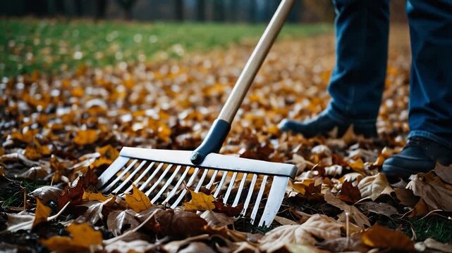 Video A person holds a rake amidst a field of fallen leaves