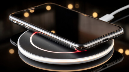 Close-up of a smartphone placed on a wireless charging pad, glowing indicator lights reflecting off smooth surfaces, modern tech convenience