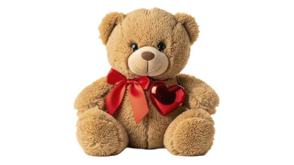 Obraz premium Brown Teddy Bear Plush Toy with Red Bow and Shiny Heart on a Transparent Background PNG Image