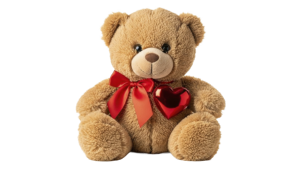 Brown Teddy Bear Plush Toy with Red Bow and Shiny Heart on a Transparent Background PNG Image