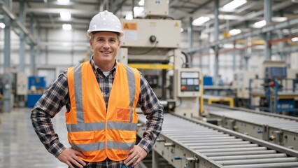 Portrait of a confident factory worker smiling at the camera. Male industrial engineer in a hard hat and safety vest standing in a manufacturing plant