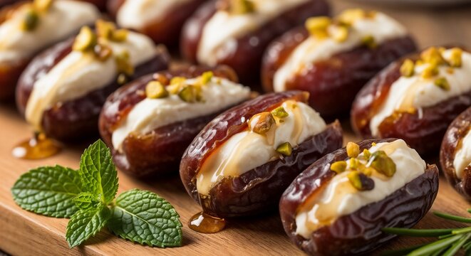 Stuffed dates with cream and pistachios on wooden platter. Cream cheese-stuffed dates arranged on a plate, showcasing their sweet and savory filling with a sprinkle of nuts on top.  