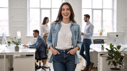 Happy young professional woman smiling in a modern office. Portrait of a confident female business leader. Successful employee in a corporate environment