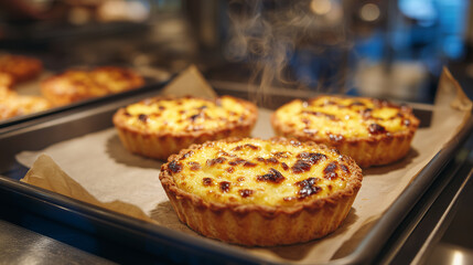 Close-up of a steaming pastry on a baking tray lined with parchment, vibrant golden details and soft shadowing creating an inviting culinary aesthetic