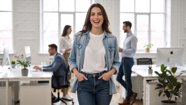 Happy young professional woman smiling in a modern office. Portrait of a confident female business leader. Successful employee in a corporate environment - Powered by Adobe