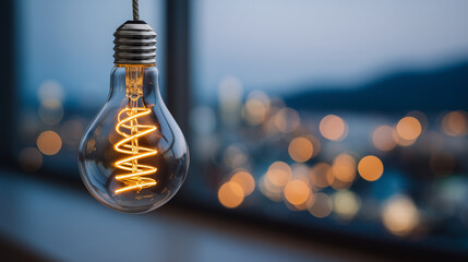 Extreme macro of glowing LED filament in a sleek modern light bulb, intricate twisting pattern radiating amber light, emphasizing modern energy efficiency, subtle reflections on su